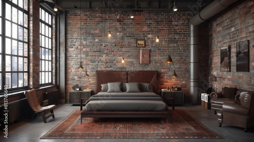 The photo shows a modern industrial style bedroom