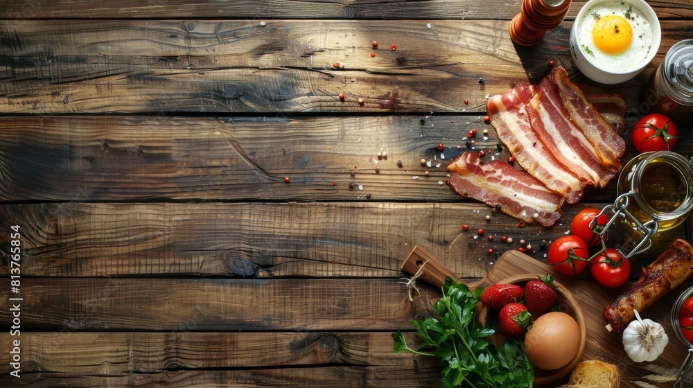 bacons on wooden table with copy space. concept of international bacon day bacons on wooden table with copy space. concept of international bacon day