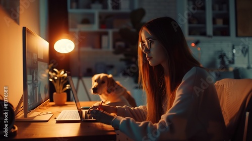 Businesswoman working on laptop computer sitting at home with a dog pet and managing her business via home office during Coronavirus or Covid19 quarantine : Generative AI