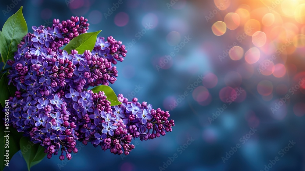 A close-up of purple flowers with green leaves against a blue background, featuring soft bokeh lighting A close-up of purple flowers with green leaves against a blue background, featuring soft bokeh lighting
