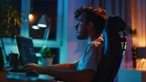 Modern young man working remotely from home at night : Generative AI