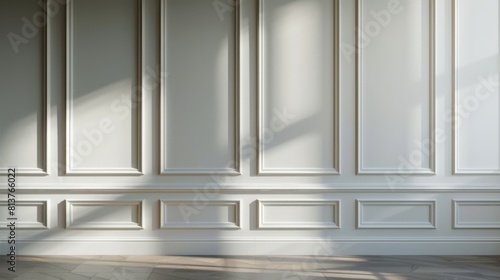 Fototapeta Naklejka Na Ścianę i Meble -  White wall panels in the interior of the room. Luxury victorian classic wood moldings. Template for design empty modern studio.