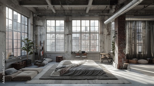 The photo shows the interior of a modern industrial-style loft apartment with large windows, a high ceiling, and exposed beams photo