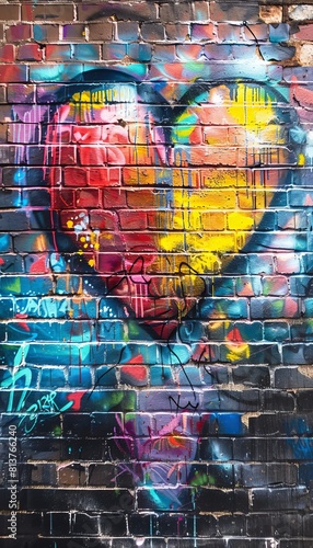 Realistic brick wall covered in vibrant heart graffiti, creating colorful street art masterpiece