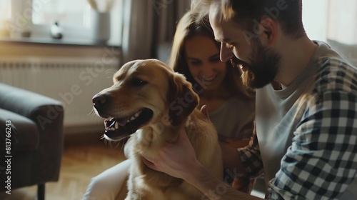 At Home Happy Couple Play with Their Dog Gorgeous Brown Labrador Retriever Boyfriend and Girlfriend Tease Pet and Scratch Super Happy Doggy Have Fun in the Stylish Living Room : Generative AI