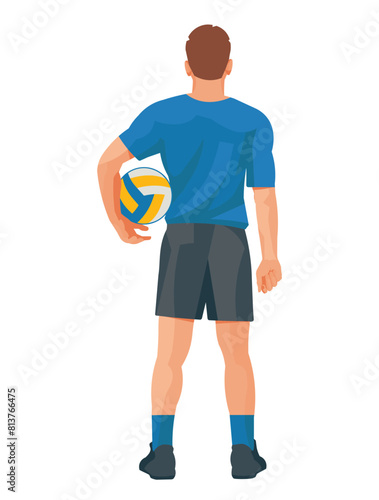 Volleyball player in a blue uniform from the back who stands with a ball under his arm