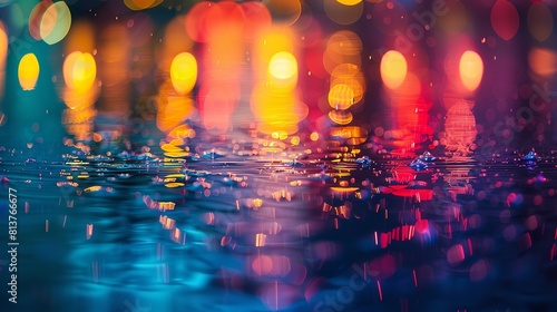 A fuzzy setting of vivid illumination is developed by the reflection over vivid colored lights over the surfaces of the water and space, Generative AI. photo