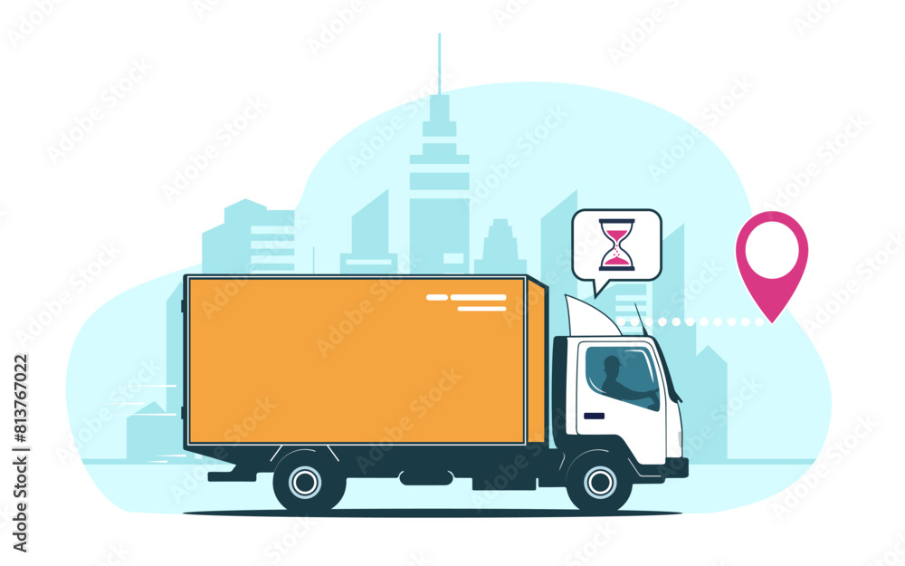Naklejka premium Box truck drives quickly to its destination on the background of an abstract cityscape. Vector illustration.