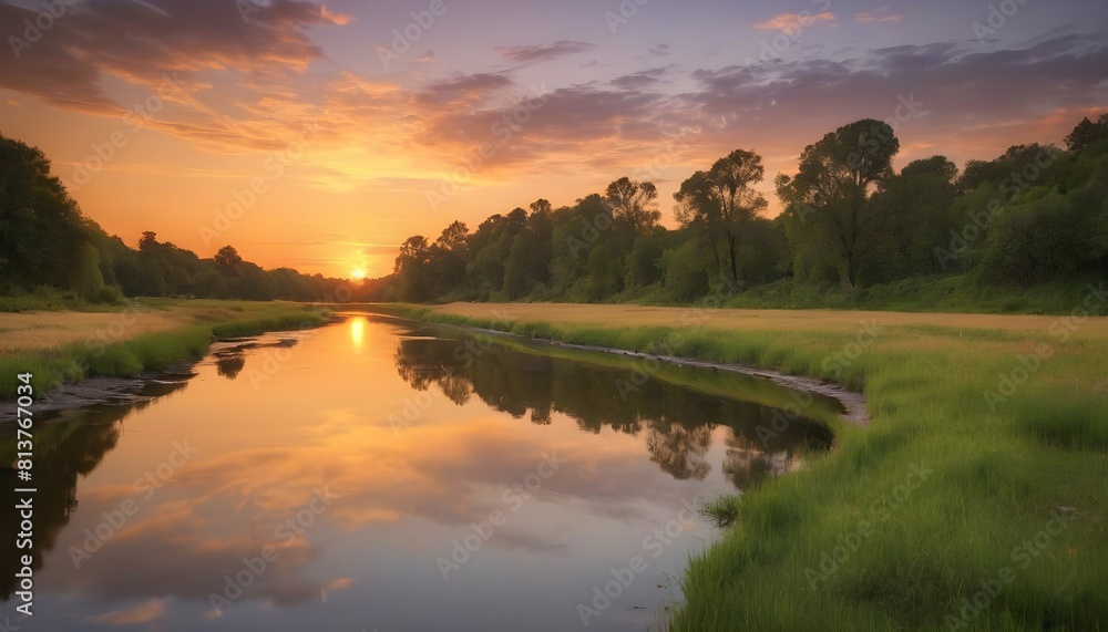 A serene river reflecting the golden hues of a bre upscaled 4