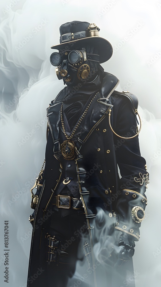 Steampunk character 3D illustration design from machine technology concept. Steampunk background.