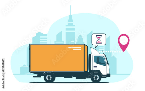 Box truck drives quickly to its destination on the background of an abstract cityscape. Vector illustration.