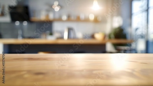Empty beautiful wood table  top counter  and blur bokeh modern kitchen interior background in clean and brightBanner Ready for product montage   Generative AI