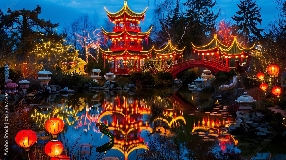 Festive Chinese New Year lantern festival illuminating the night with a spectacular display of lanterns in myriad shapes and colors, .