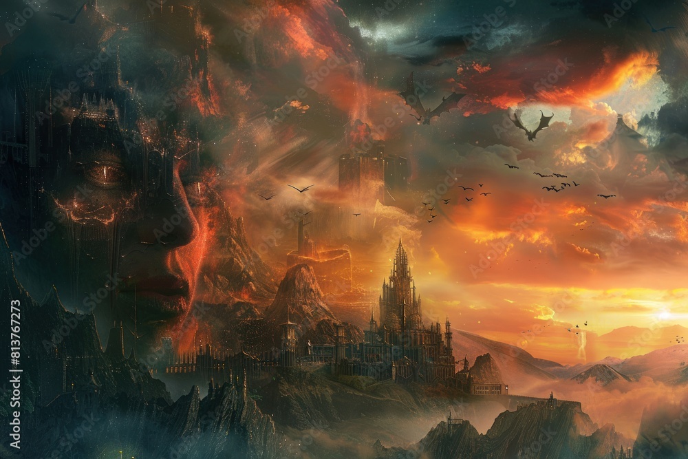 Digital illustration painting design style a knight and big sword against demon armies Digital illustration painting design style a knight and big sword against demon armies