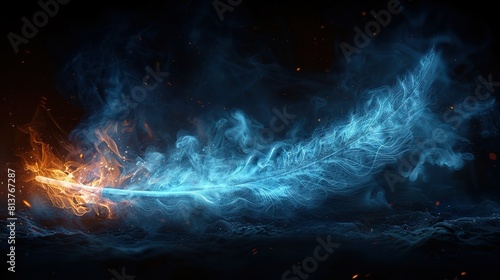  A blue feather on a black background with flames emerging from both ends