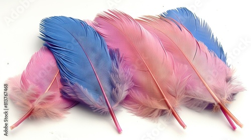   Three pink and blue feathers lay on a white surface with a pink stick emerging from one of them