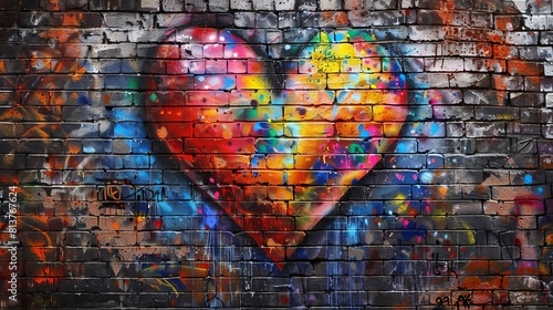 Colorful heart graffiti painted on a realistic brick wall - urban street art concept
