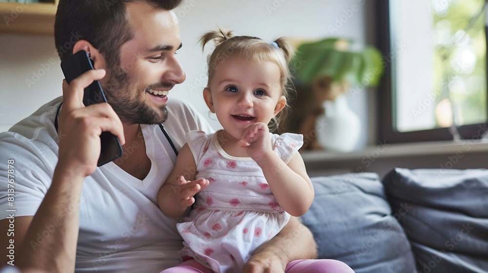 Young working father talking on the phone while babysitting his playful daughter at home : Generative AI Young working father talking on the phone while babysitting his playful daughter at home : Generative AI