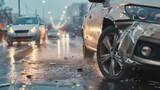 A damaged car after an accident on a wet city street with debris scattered around and other vehicles in the background during evening traffic.