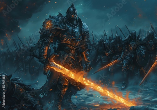 Digital illustration painting design style a knight and big sword against demon armies © nodabandel132