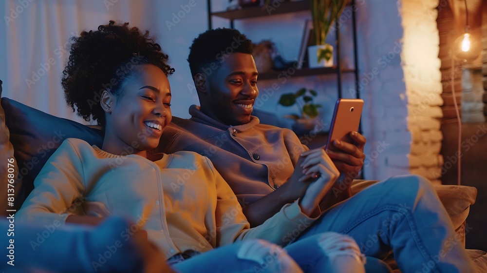 Obraz premium Couple Use Smartphone Device while Sitting on a Couch in the Cozy Apartment Boyfriend and Girlfriend Talk do eShopping on Internet Watching Funny Videos Use Social Media Streaming Serv : Generative AI