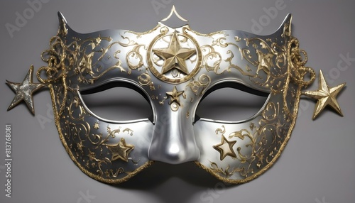 A celestial mask with moon and star designs in shi
