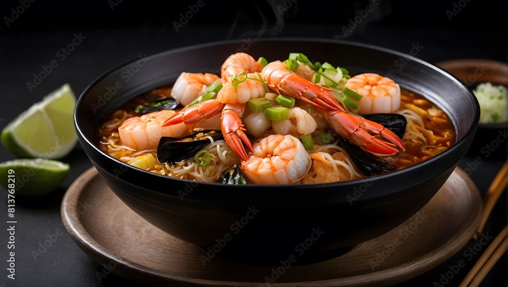 Fototapeta premium Spicy korean ramyoen with seafood in black bowl. Ai Generative.