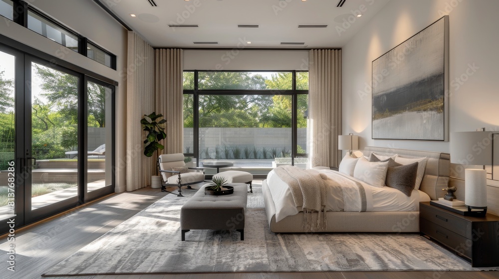 The image shows a modern bedroom with a large bed, a sitting area, and ...