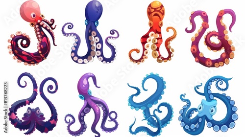 An isolated set of octopus tentacles. Kraken or squid palps. Underwater animal antennas or feelers on white background. Cthulhu palpus or legs. Cartoon modern icons. photo