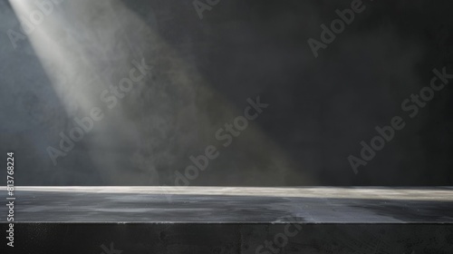 3D product table in an empty studio against a black wall. Podium for presentation. Concrete dark surface. Marble luxury countertop mockup. photo