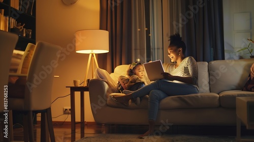 Smiling mom working at home with her child on the sofa while writing an email Young woman working from home while in quarantine isolation during the Covid19 health crisis : Generative AI