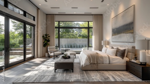 The image shows a modern bedroom with a large bed  a sitting area  and a view of the outdoors. The room is decorated in neutral colors and has a minimalist style.