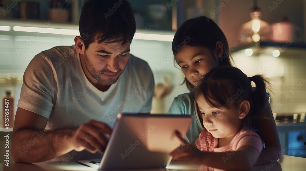 Father sharing tablet pc with daughter in kitchen : Generative AI Father sharing tablet pc with daughter in kitchen : Generative AI