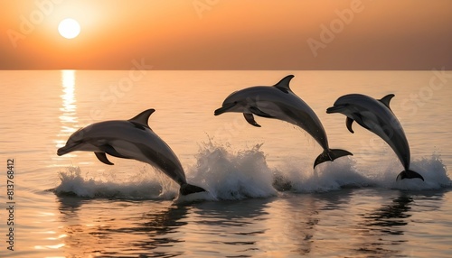 A group of dolphins playfully jumping out of the w