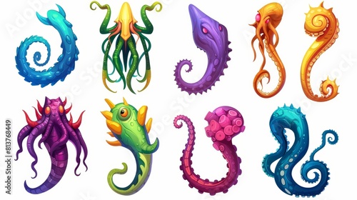 Octopus tentacles isolated set. Maned krakens or squids have palps. Underwater animals have antennas or feelers. Cartoon celphalopod arms and limbs. Cthulhu palus. Cartoon modern icons. photo