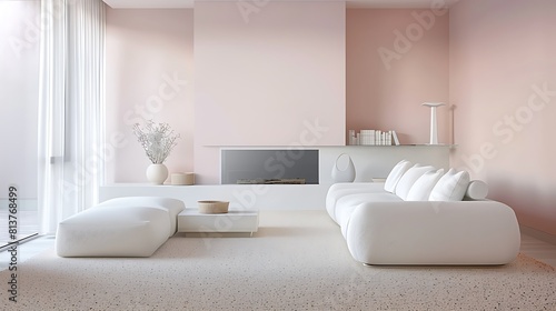 A minimalist modern living room with light pink walls a white sofa and fireplace and beige carpet 