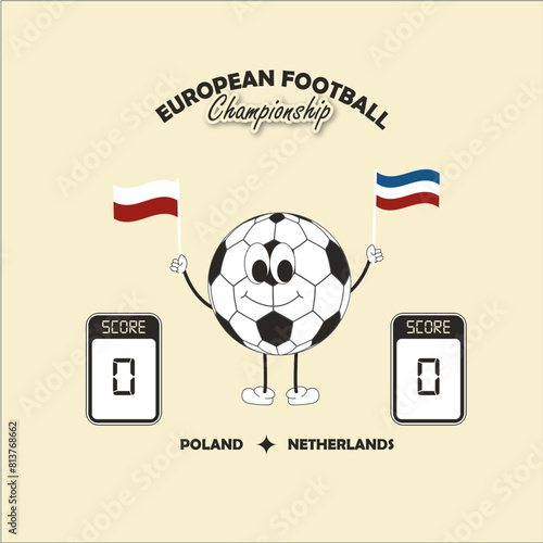 European Football Championship. Match between Poland and Netherlands. Balloon character holding the flags of both countries. Determinate pointage. For game bets. illustration for matches. Forecast