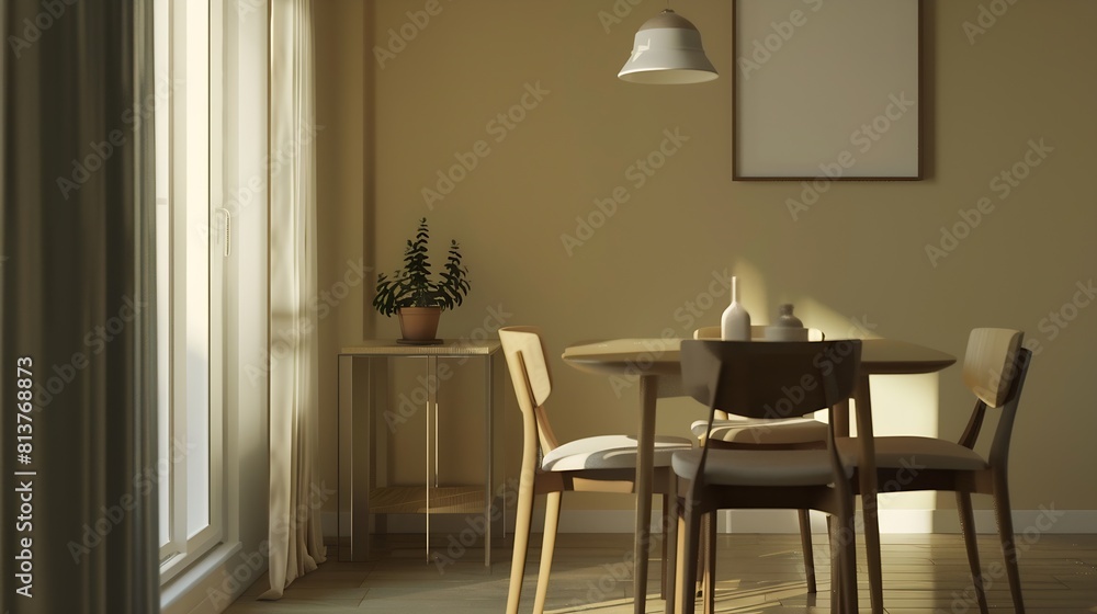 Modern interior design of apartment dining room with table and chairs empty living room with beige wall panorama : Generative AI Modern interior design of apartment dining room with table and chairs empty living room with beige wall panorama : Generative AI