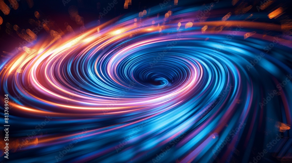 An intense visual experience created by a spiral of blue and orange neon lights, blending motion and light into an abstract pattern. An intense visual experience created by a spiral of blue and orange neon lights, blending motion and light into an abstract pattern.