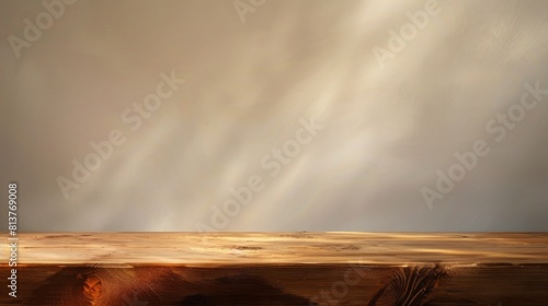 Wooden countertop in the kitchen. Empty product table against a beige wall background. Brown podium for presentation. Interior with a platform for advertising eco-cosmetics.