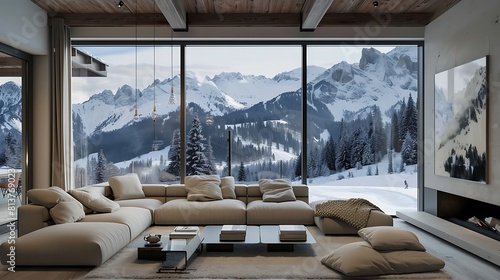 A modern and cozy living room in an alpine chalet with large windows  photo