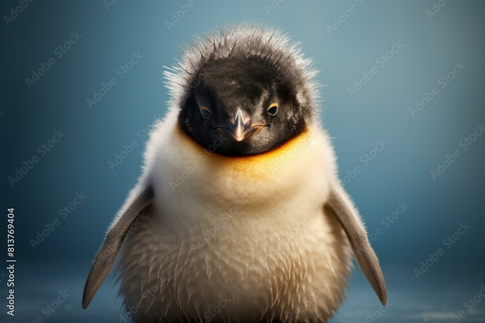 Naklejka premium Close-up of a cute emperor penguin chick with soft feathers on a blue background