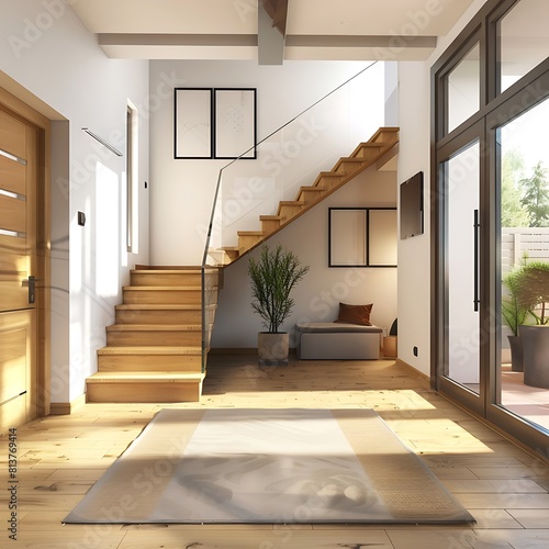 A modern interior design of an entrance hall with wooden staircase