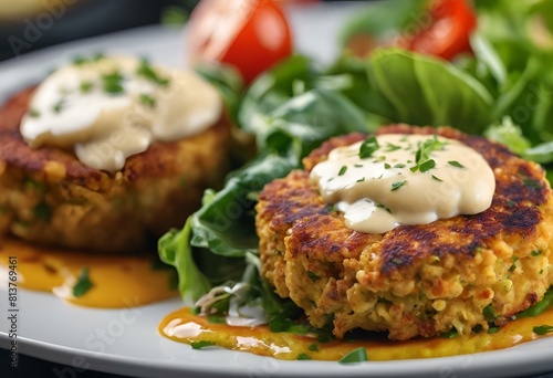 AI generated illustration of crab cakes on a bed of mixed greens with hot spicy tarter sauce photo