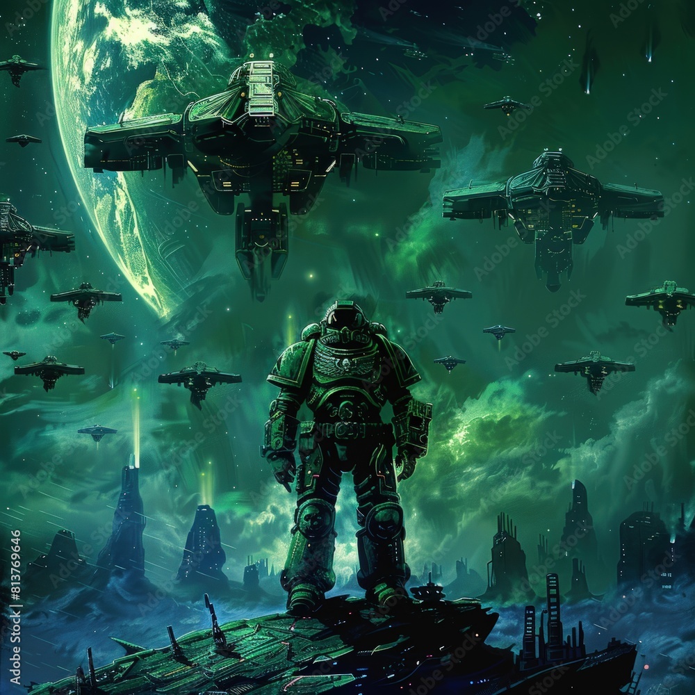 green space soldier with spaceship with a gun green space soldier with spaceship with a gun