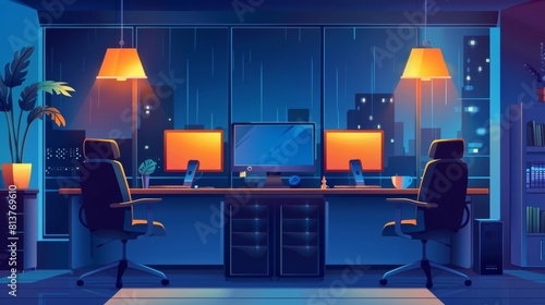 An evening office, coworking space interior. Computer on desk, armchairs, coffee break zone, glowing lamps. Area for teamwork, freelance shared workspace. Cartoon modern illustration. photo