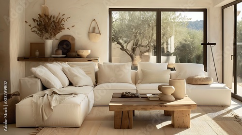 A modern living room with a white sofa wooden coffee table and beige pillows 