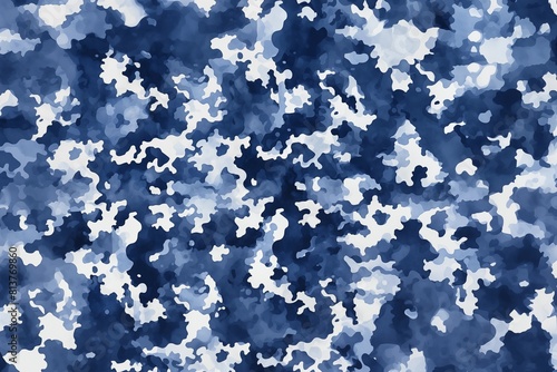 Blue Camouflage Pattern with Abstract Shapes and Shades.