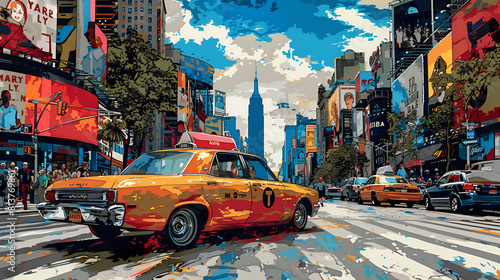 Comic Book Style of a New York City Pop Art, Vibrant colors illuminate modern city street backdrop 