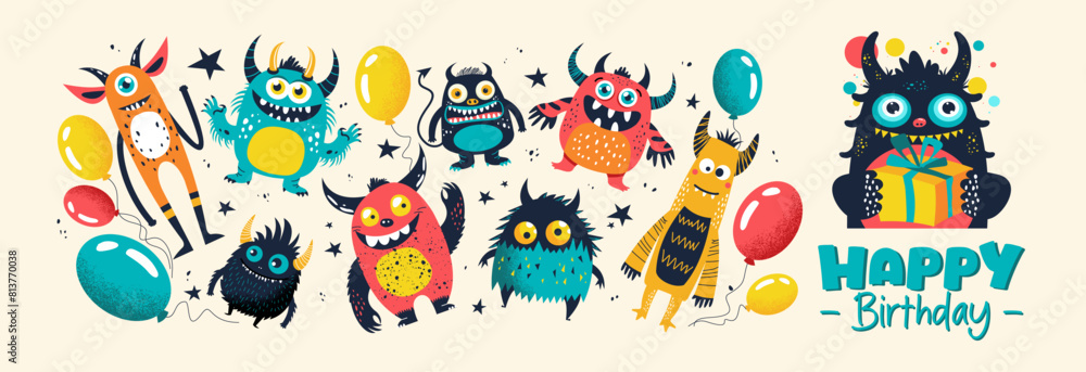 Obraz premium Vector illustration with cute little monsters, gift and balloons. Holliday, party, vacation, happy birthday. Vector templates for card, poster, flyer, banner and other